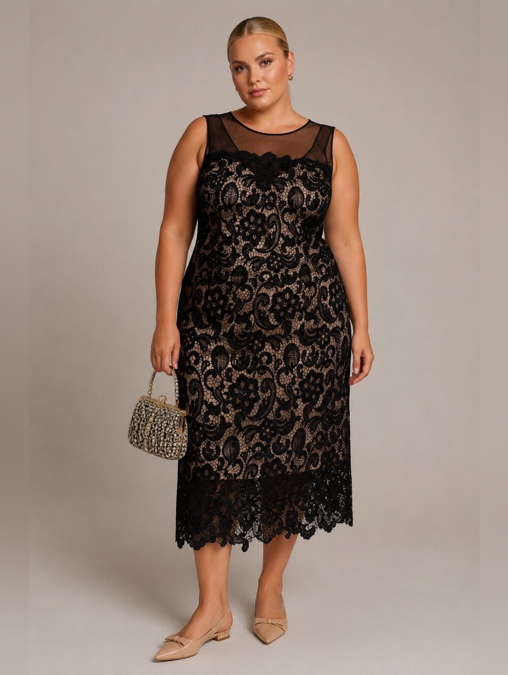 Mon Cheri Plus Size 16: Formal Black Lace Midi Dress with Nude Yoke